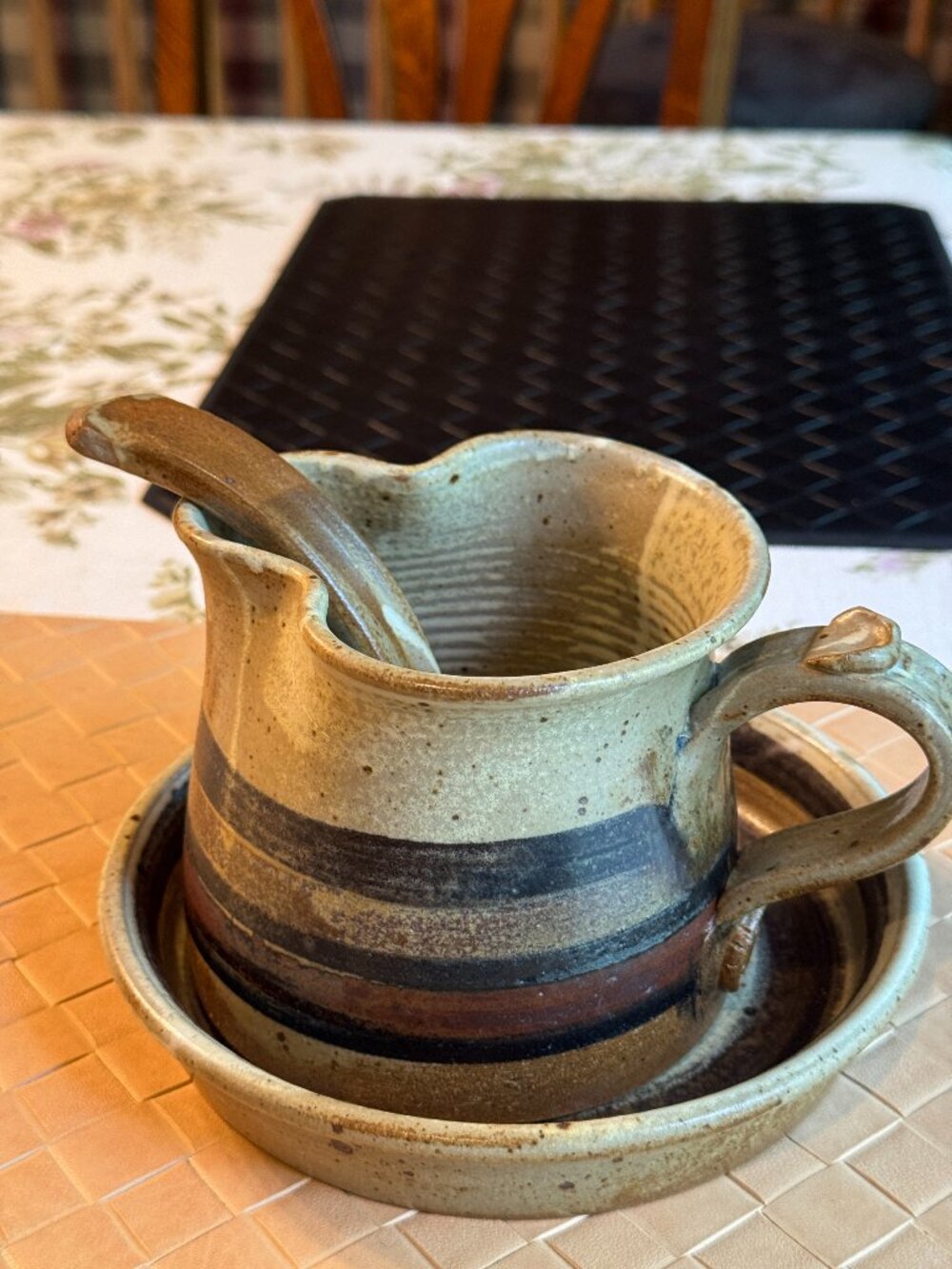 Zappa Pottery Gravy Bowl, Ladle, & Dish 8" x 4 1/2" Handmade Stoneware Signed